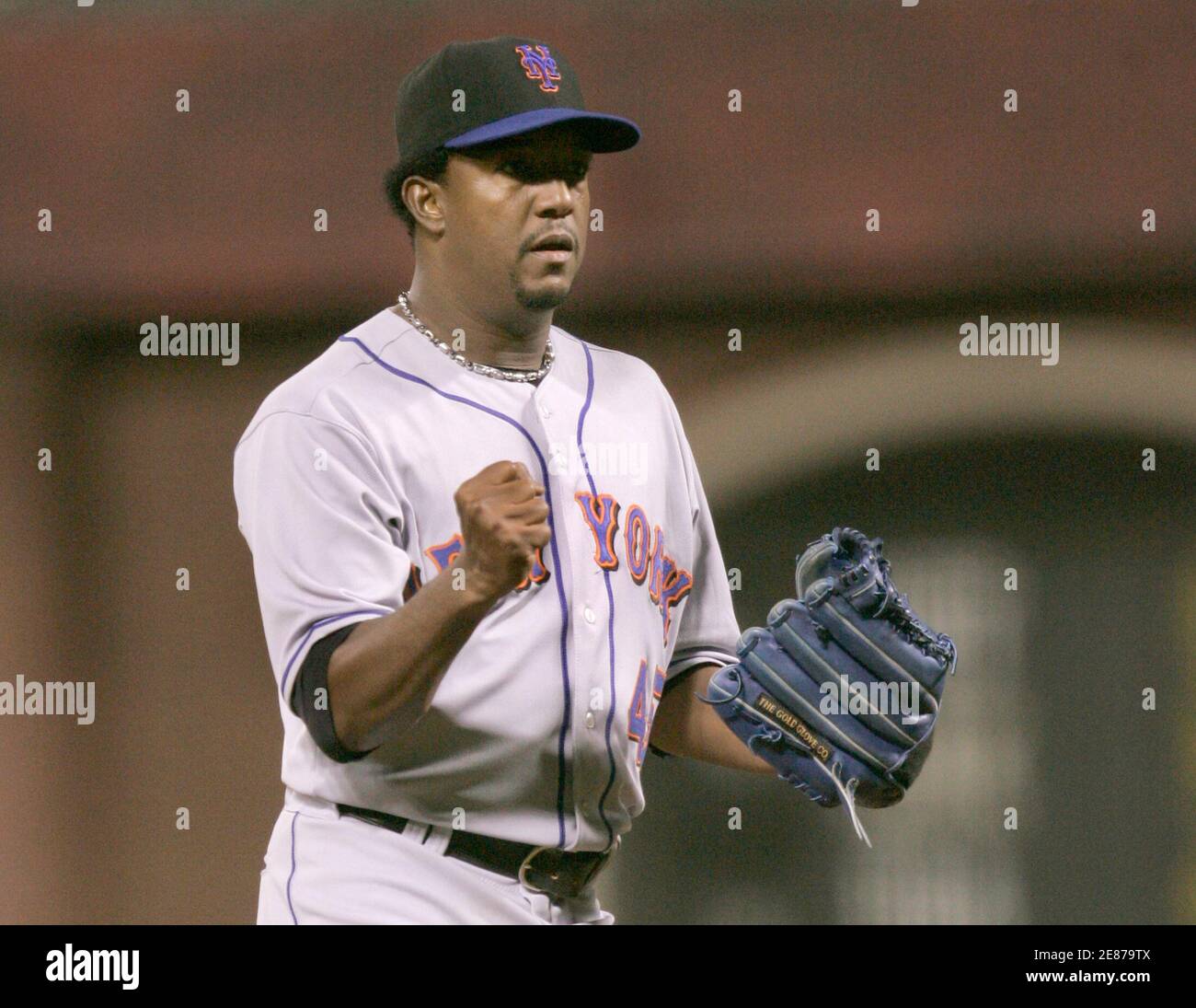 New York Mets starting pitcher Pedro Martinez reacts after recording a strikeout in the sixth inning against the San Francisco Giants during their MLB National League baseball game in San Francisco, California June 3, 2008.  REUTERS/Robert Galbraith (UNITED STATES) Stock Photo