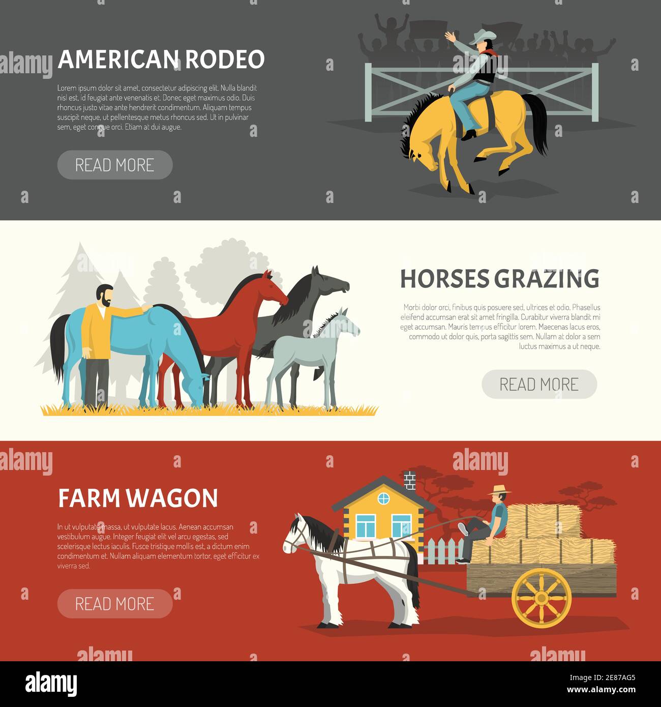 Information on horses breeds handling 3 horizontal banners webpage design with pasturing and grazing systems isolated vector illustration Stock Vector