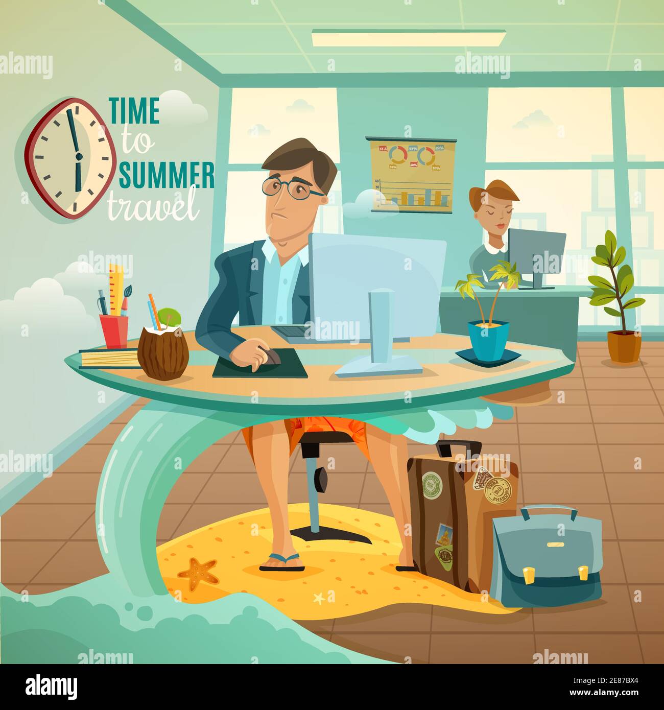 Sad office clerk dreaming of travel during summer vacation fantasy cartoon vector illustration Stock Vector