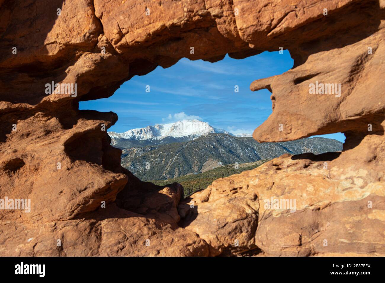 Garden of the Gods and Pikes Peak in Winter Stock Photo