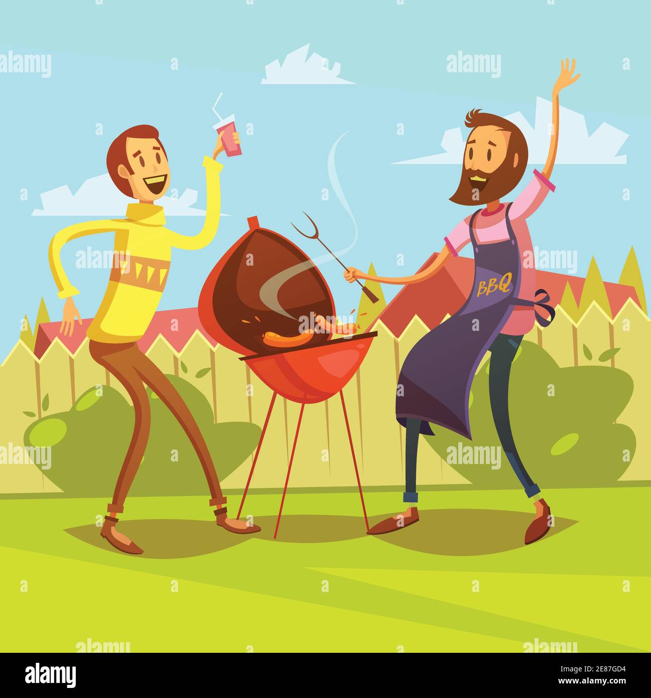 Friends making barbecue background with sausages and drinks cartoon vector illustration Stock Vector