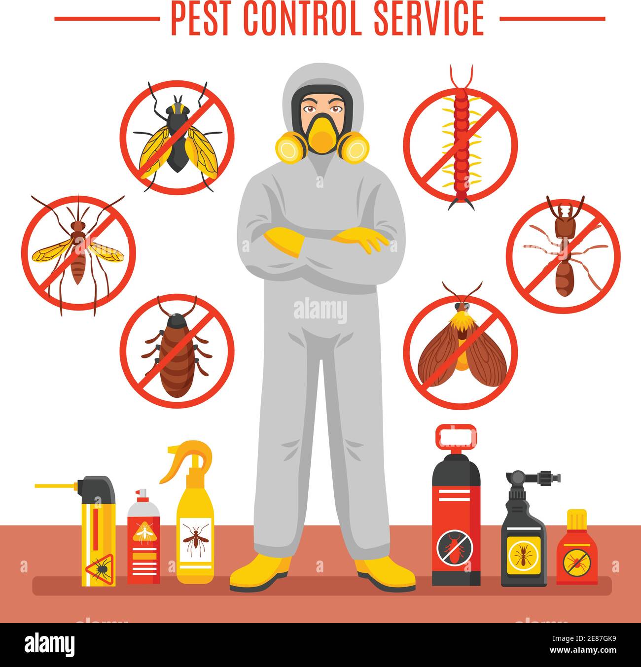 Pest control service vector illustration with exterminator of insects in chemical protective suit termites and disinfection cans flat icons Stock Vector