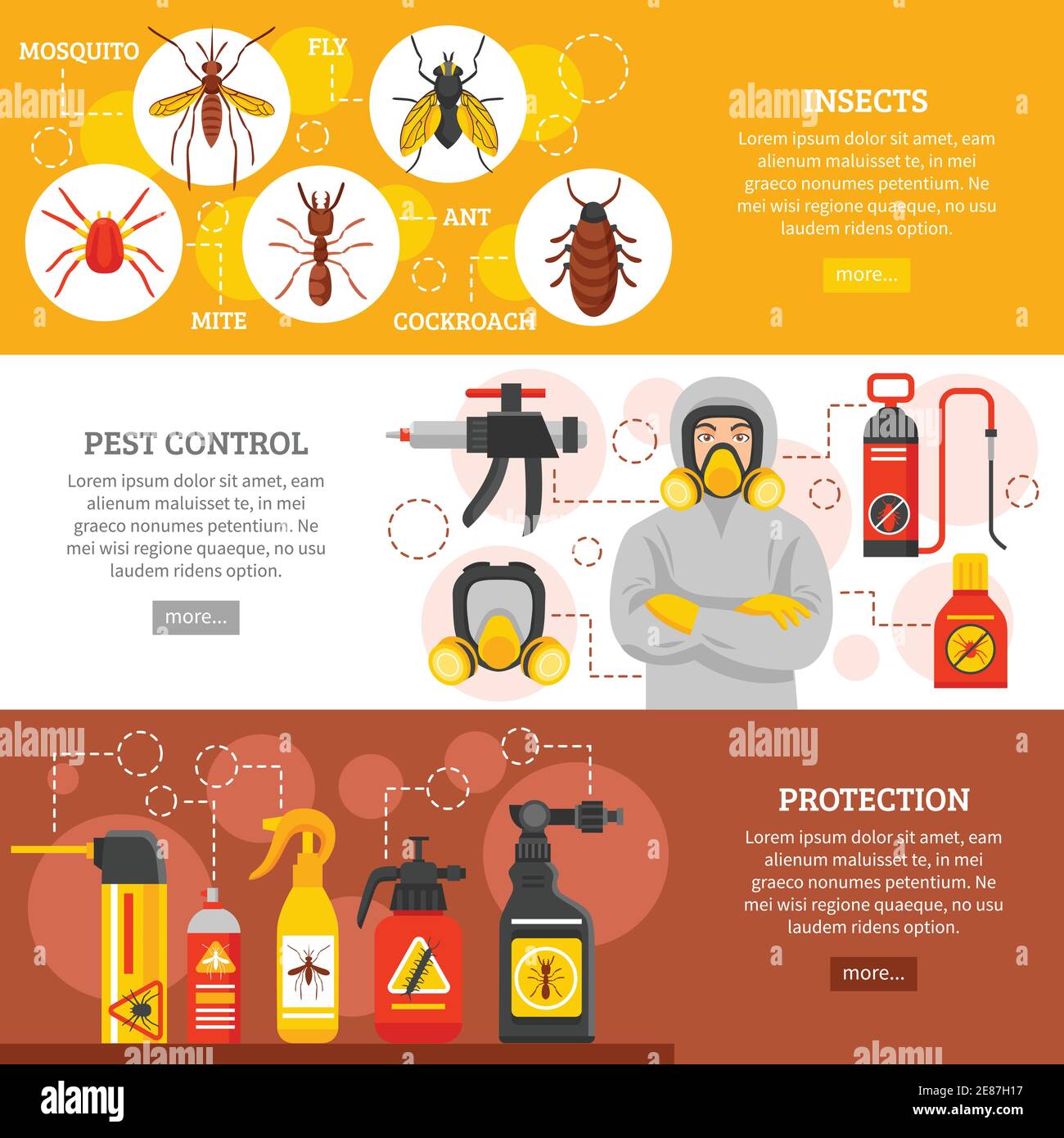 Pest control horizontal banners with insects icons repellent spray cans collection exterminator in protective equipment and uniform flat vector illust Stock Vector