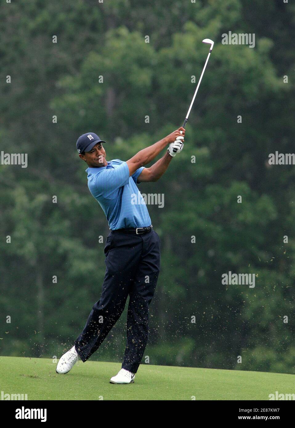 Tiger Woods hits off of the 15th fairway during the first round of play at The Players Championship golf tournament in Ponte Vedra Beach, Florida May 10, 2007. REUTERS/Rick Fowler (UNITED STATES) Stock Photo