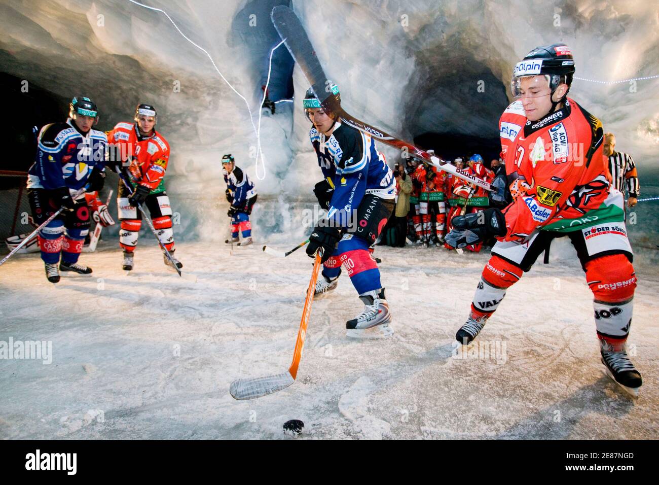 Players compete during the exhibition ice hockey game EHC Visp vs. EV