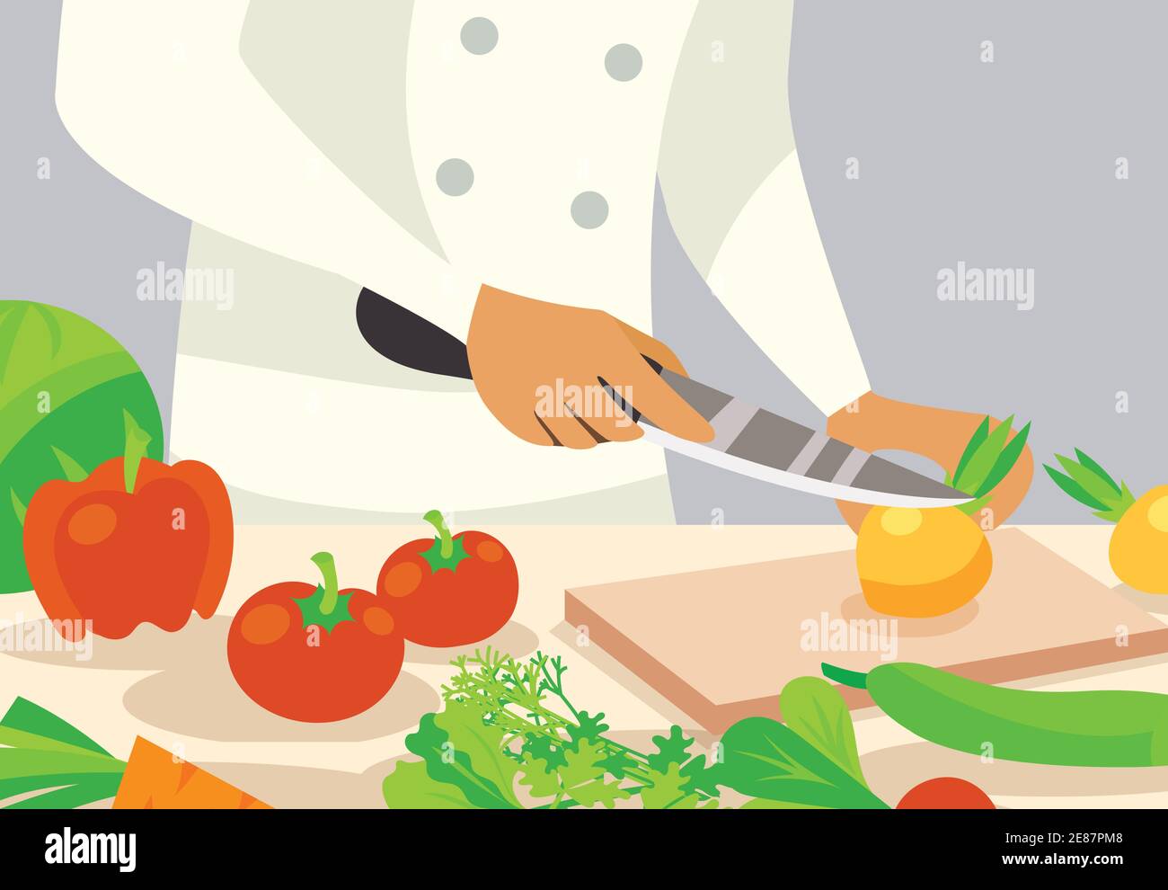 Cook profession background with cutting vegetables design flat vector illustration Stock Vector