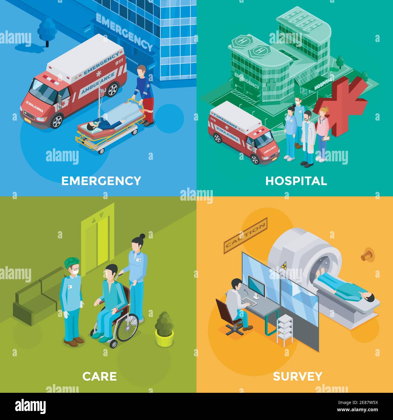 Hospital 2x2 design concept set of emergency help equipment for survey