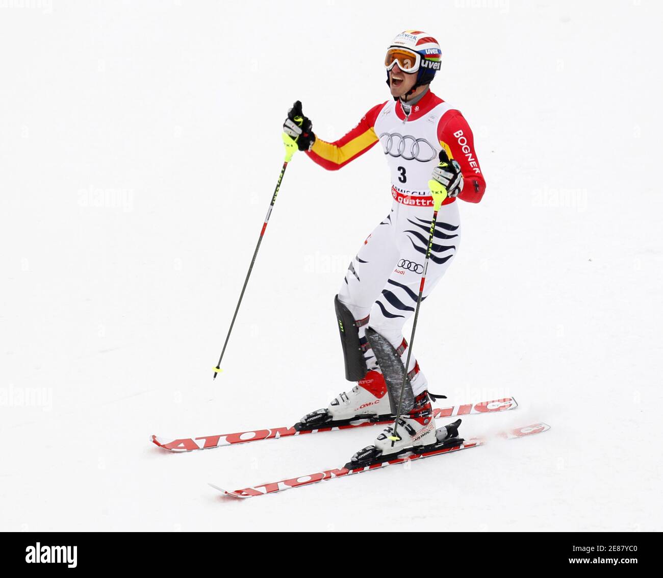 Felix Neureuther of Germany celebrates winning the men's Alpine Skiing World Cup Slalom in Garmisch-Partenkirchen March 13, 2010. REUTERS/Miro Kuzmanovic (GERMANY - Tags: SPORT SKIING) Stock Photo