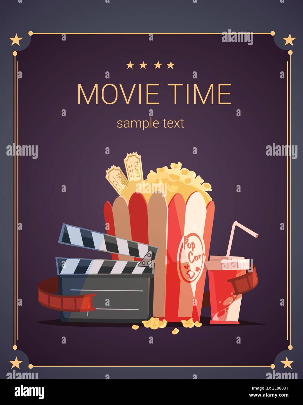 movie-time-cartoon-poster-with-popcorn-cola-and-tickets-vector