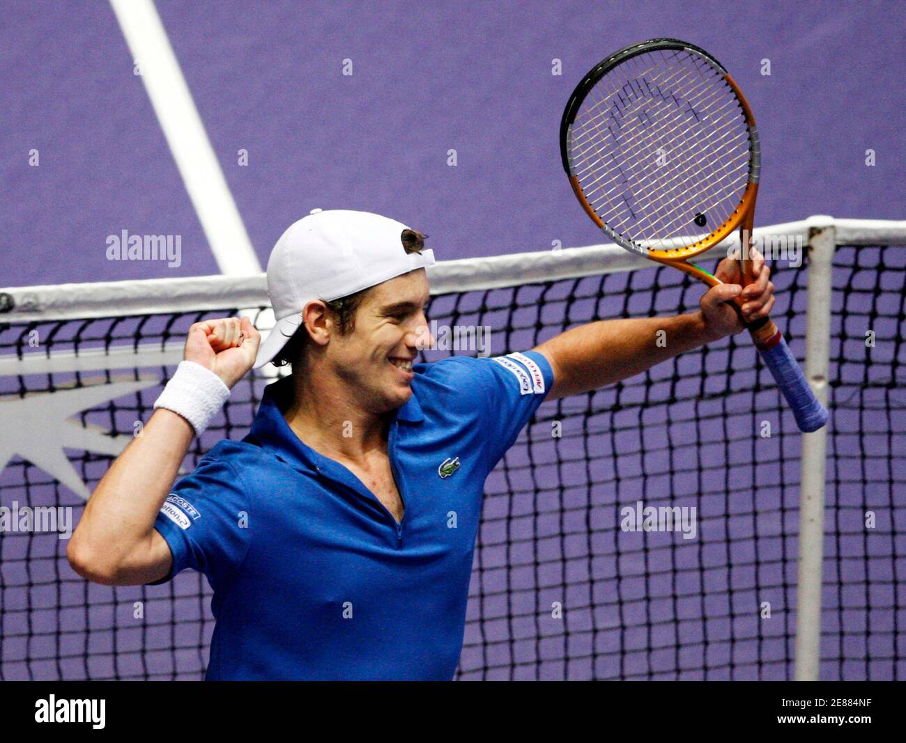 Richard Gasquet of France celebrates after defeating Andrei Pavel of  Romania to qualify France during their World group first round Davis Cup  tennis match in Clermont-Ferrand, central France, February 11, 2007.  REUTERS/Robert