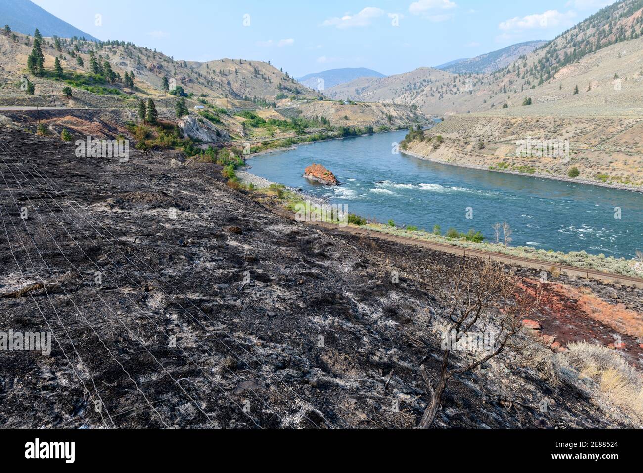 Land scorched by fire along the Thompson River near Spences Bridge in