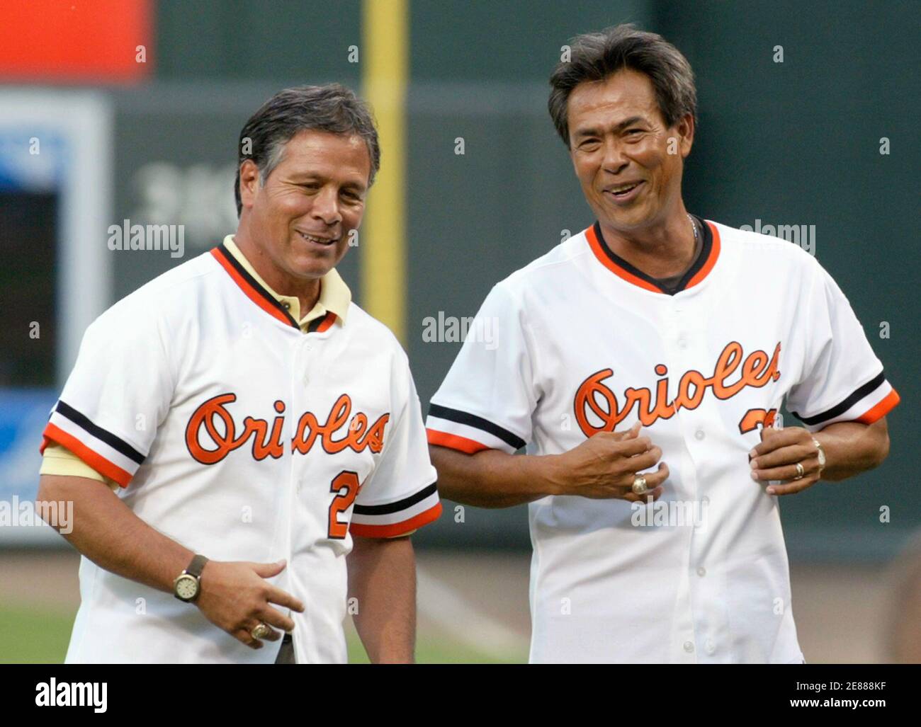 Former Baltimore Orioles pitchers Tippy Martinez (L) and Dennis Martinez  attend ceremonies honoring the Orioles 1983 World Championship team, on  which they both played, in Baltimore, Maryland July 23, 2008. Dennis  Martinez,
