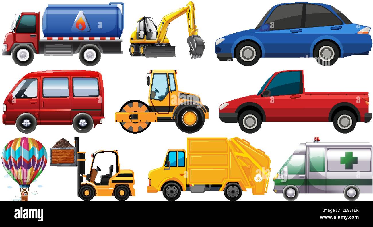 Set of different kind of cars and trucks isolated on white background