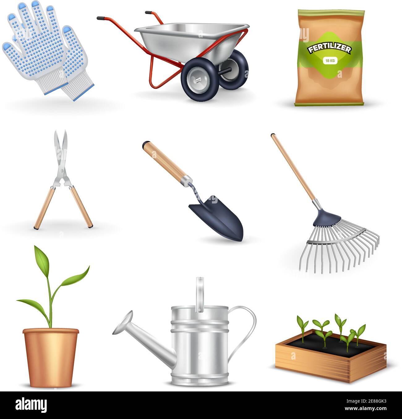 Gardening realistic decorative icons set of tools for work in garden ...