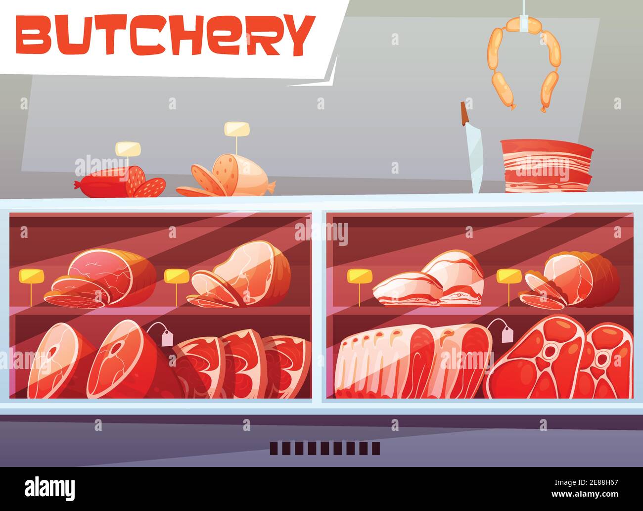 Storefront of butchery shop design concept with price labels and meat products made from pork and beef flat vector illustration Stock Vector