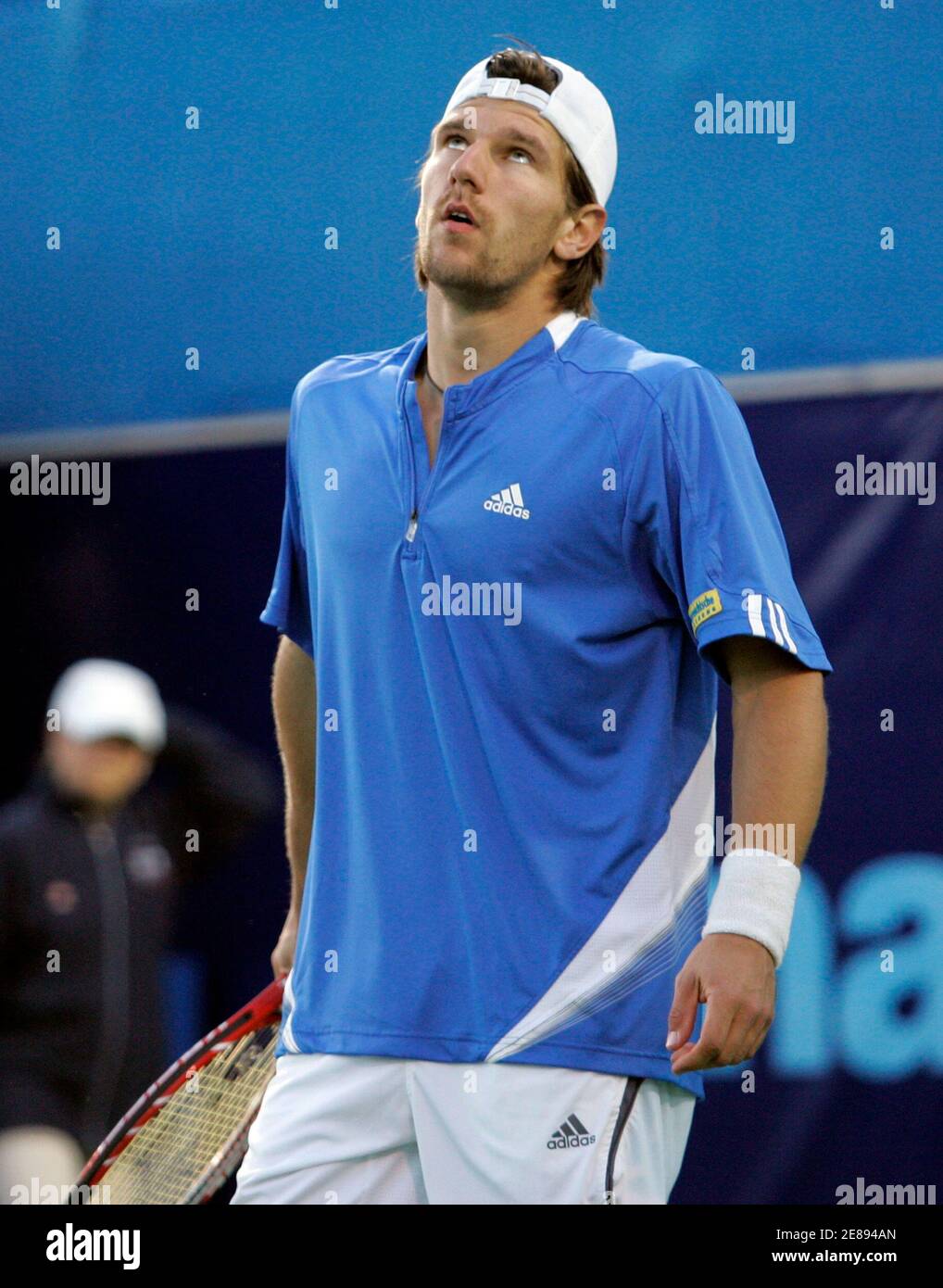 Jurgen Melzer of Austria reacts after missing a shot against Lleyton Hewitt of Australia during the finals of the Las Vegas Open tennis tournament in Las Vegas March 4, 2007. REUTERS/Steve Marcus (UNITED STATES) Stock Photo