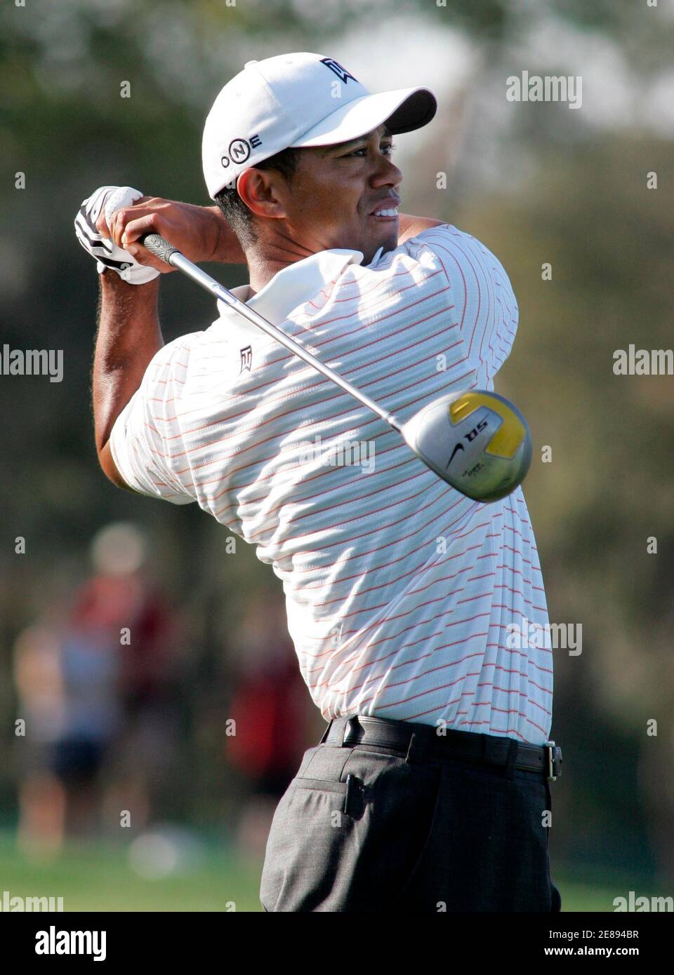 Tiger Woods tees off on the 12th hole during the first round of the Arnold Palmer Invitational golf tournament held at the Bay Hill Club in Orlando, Florida March 15, 2007. REUTERS/Rick Fowler (UNITED STATES) Stock Photo