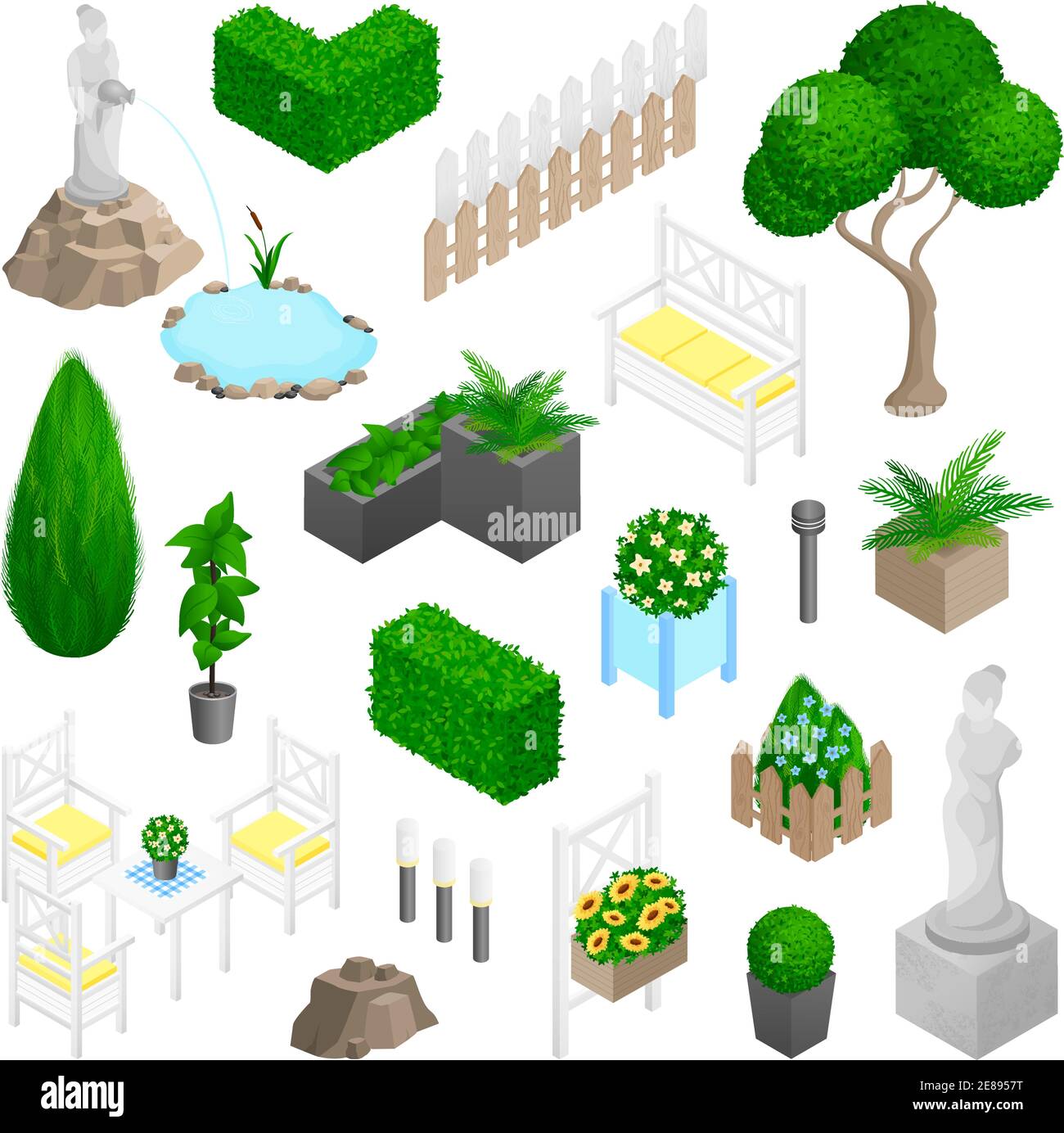 Garden park landscape isometric elements set with plants flowers ...