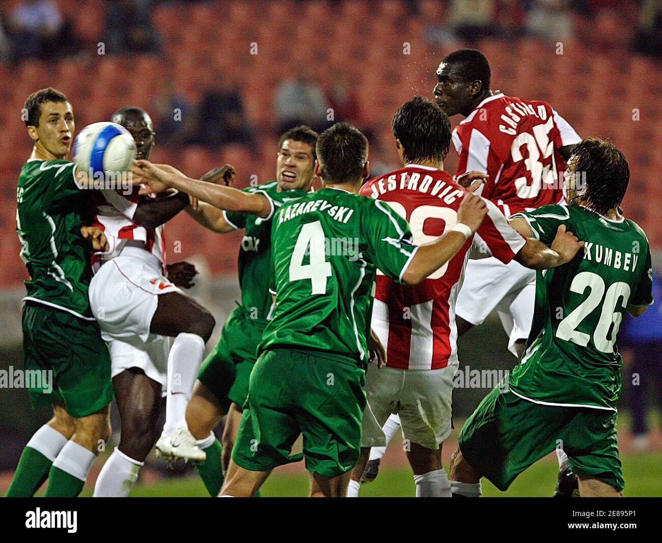 Red Star's Segundo Castillo (2nd R) scores the goal against Groclin Grodzisk during their UEFA Cup First round second leg soccer match in Belgrade October 4, 2007. REUTERS/Ivan Milutinovic  (SERBIA) Stock Photo