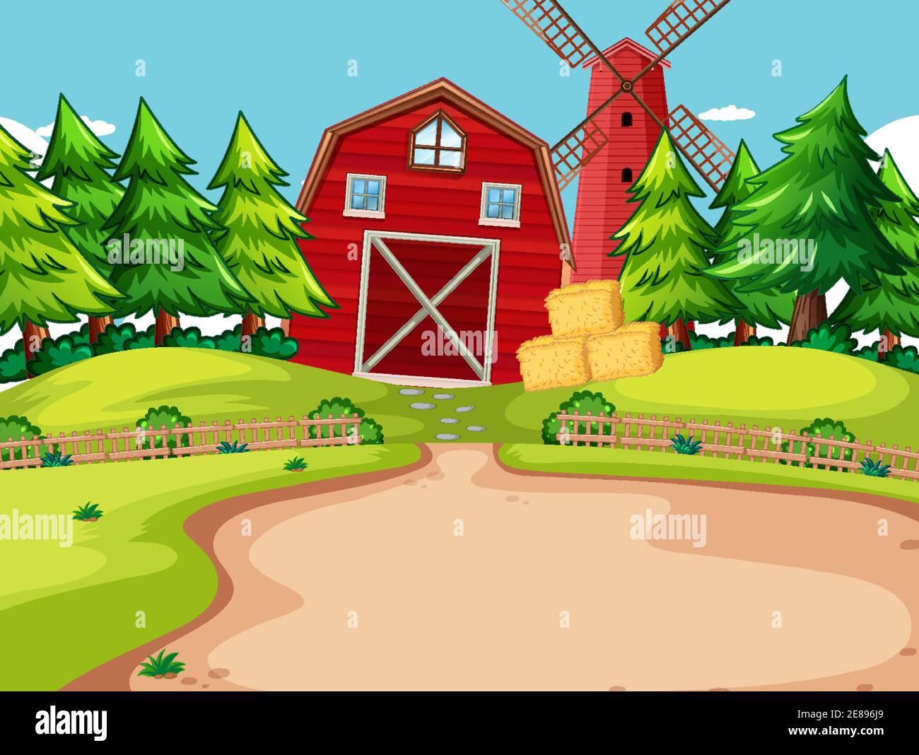 Background scene with red barn and windmill in the farm illustration ...