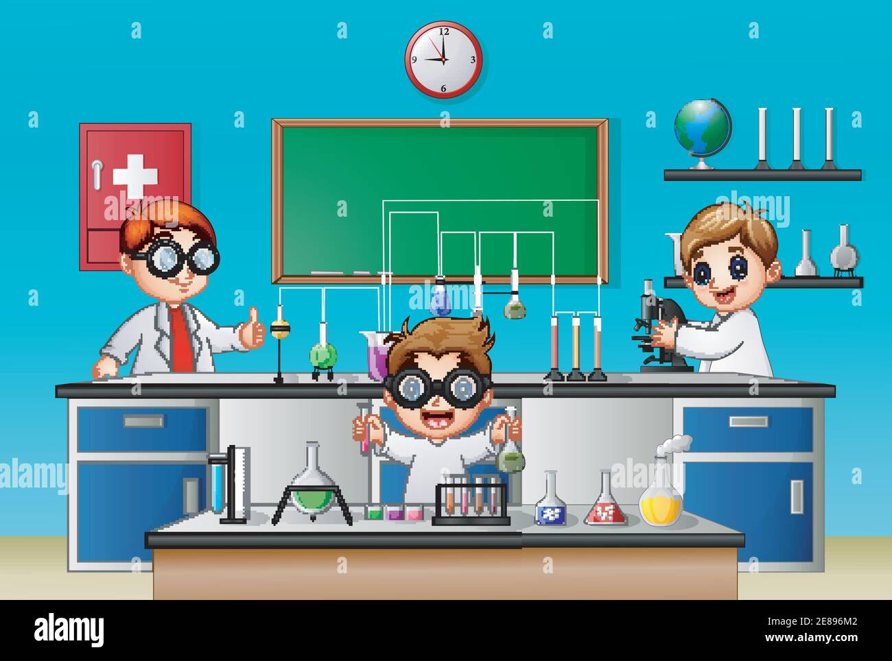 Vector illustration of Three boy doing chemical experiment in the lab Stock Vector