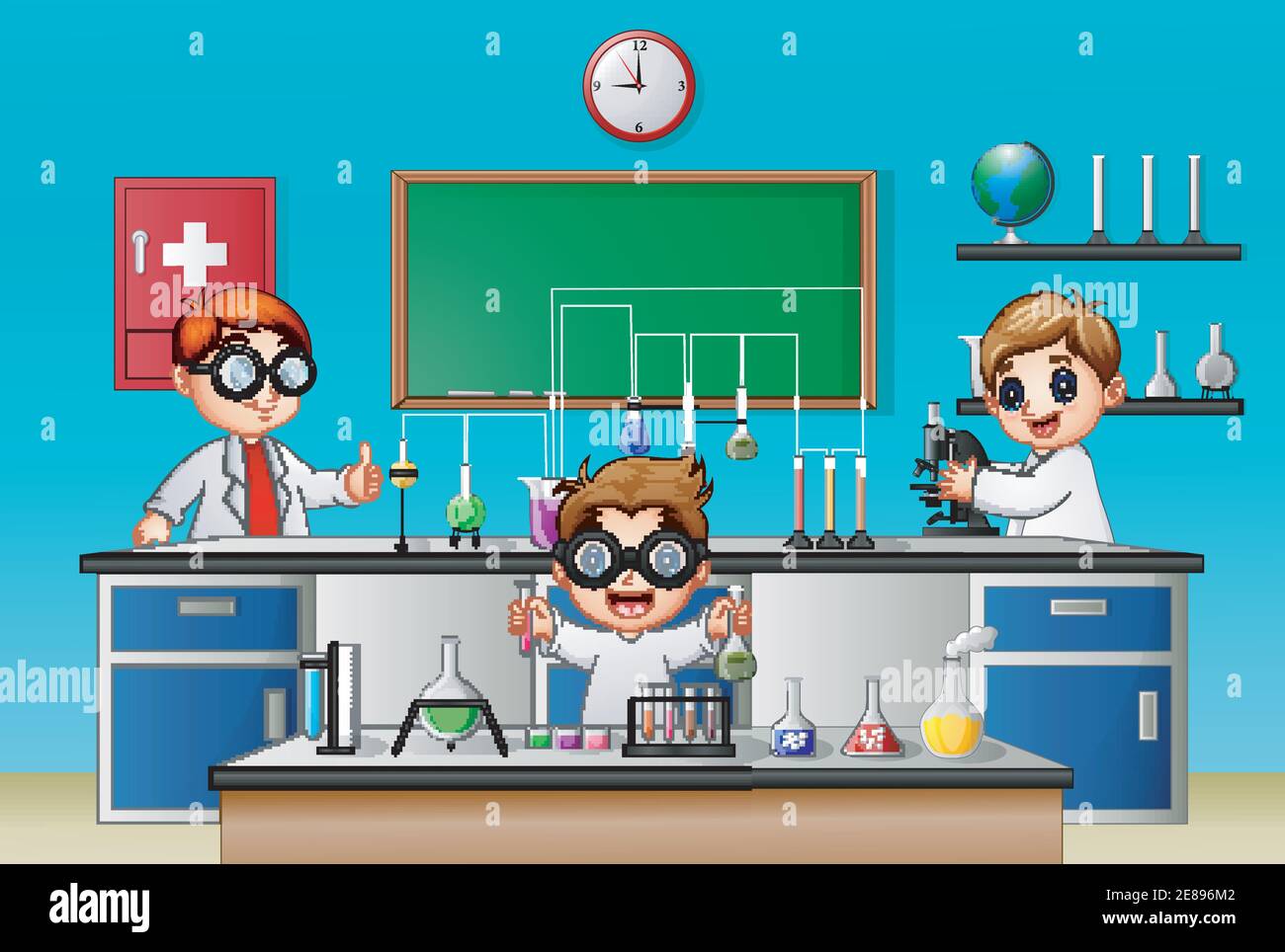 Vector illustration of Three boy doing chemical experiment in the lab ...