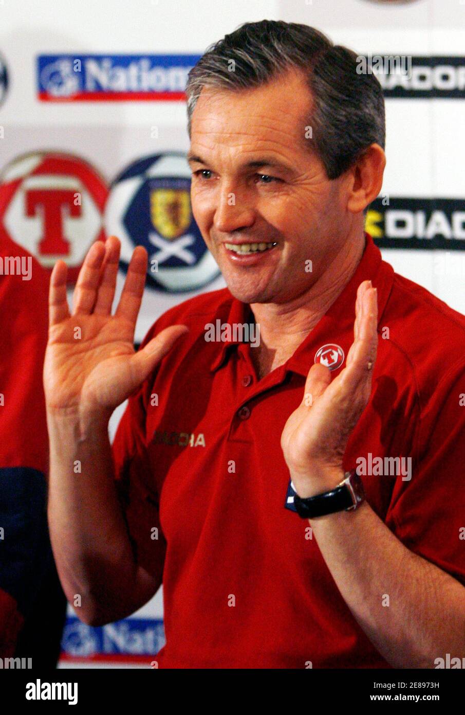 Scotland soccer team manager George Burley gestures during a national team news conference at Loch Lommond near Glasgow, Scotland February 4, 2008. REUTERS/David Moir (BRITAIN) Stock Photo