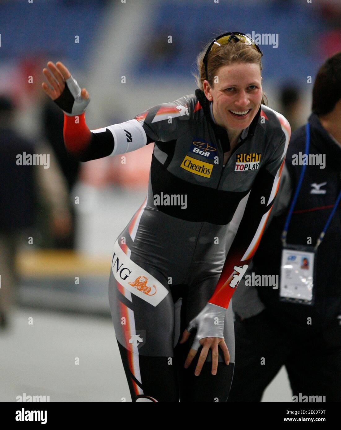 Winner Kristina Groves of Canada reacts after competing in the women's 3000m event at the ISU