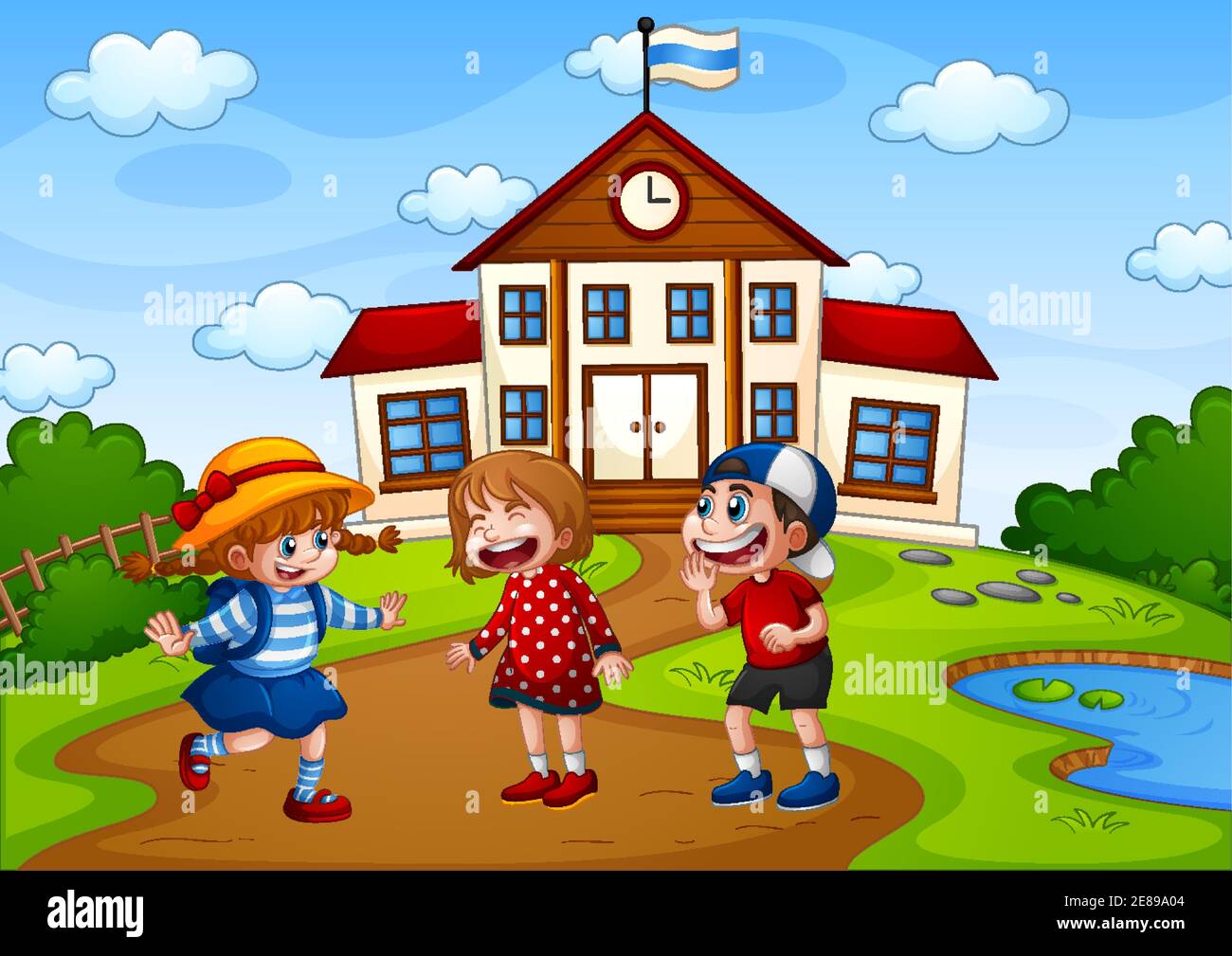 Three children in nature scene with school building illustration Stock Vector