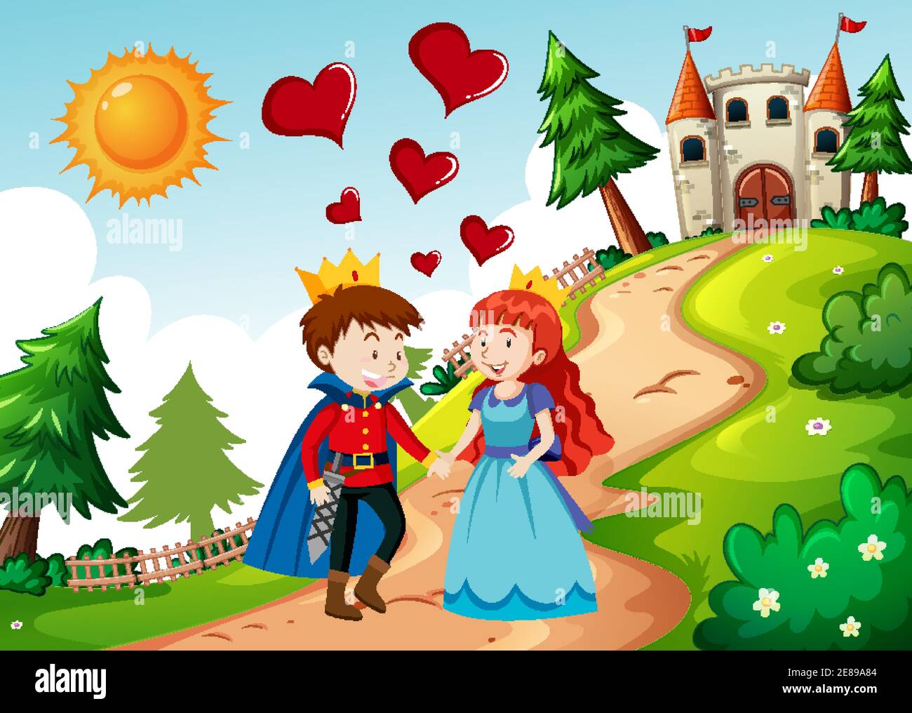 Prince and princess with the castle in nature scene illustration Stock ...