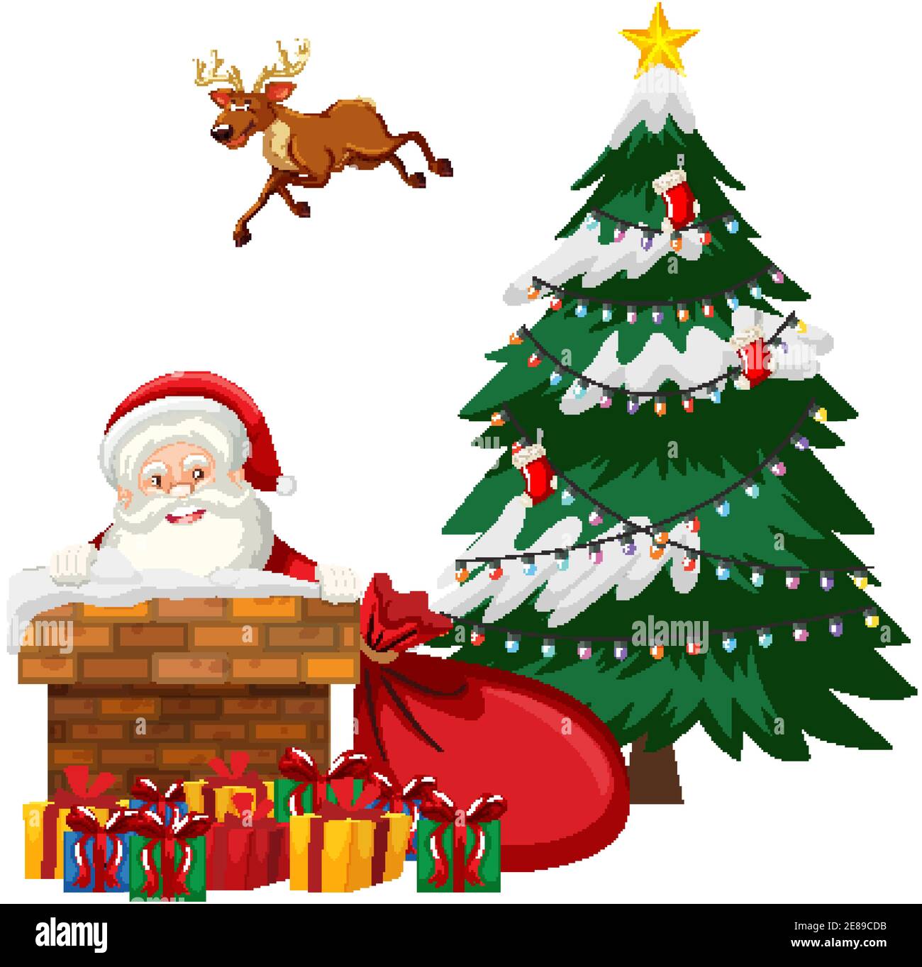 Santa in chimney with many gifts on white background illustration Stock Vector