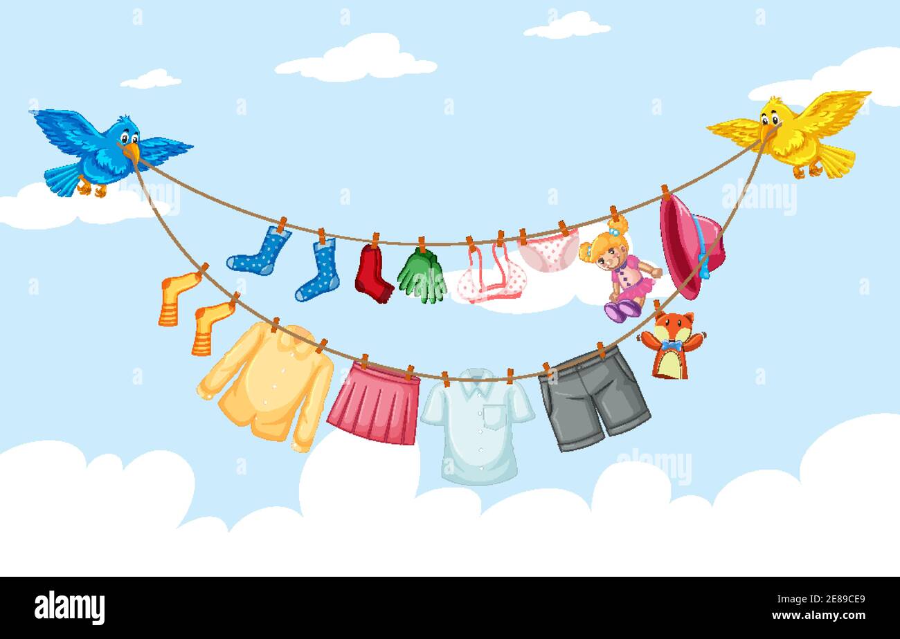 Clothes hanging on line with sky background illustration Stock Vector