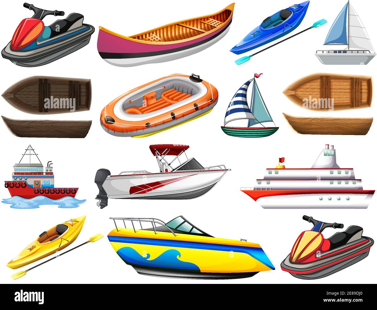 Set of different kind of boats and ship isolated on white background