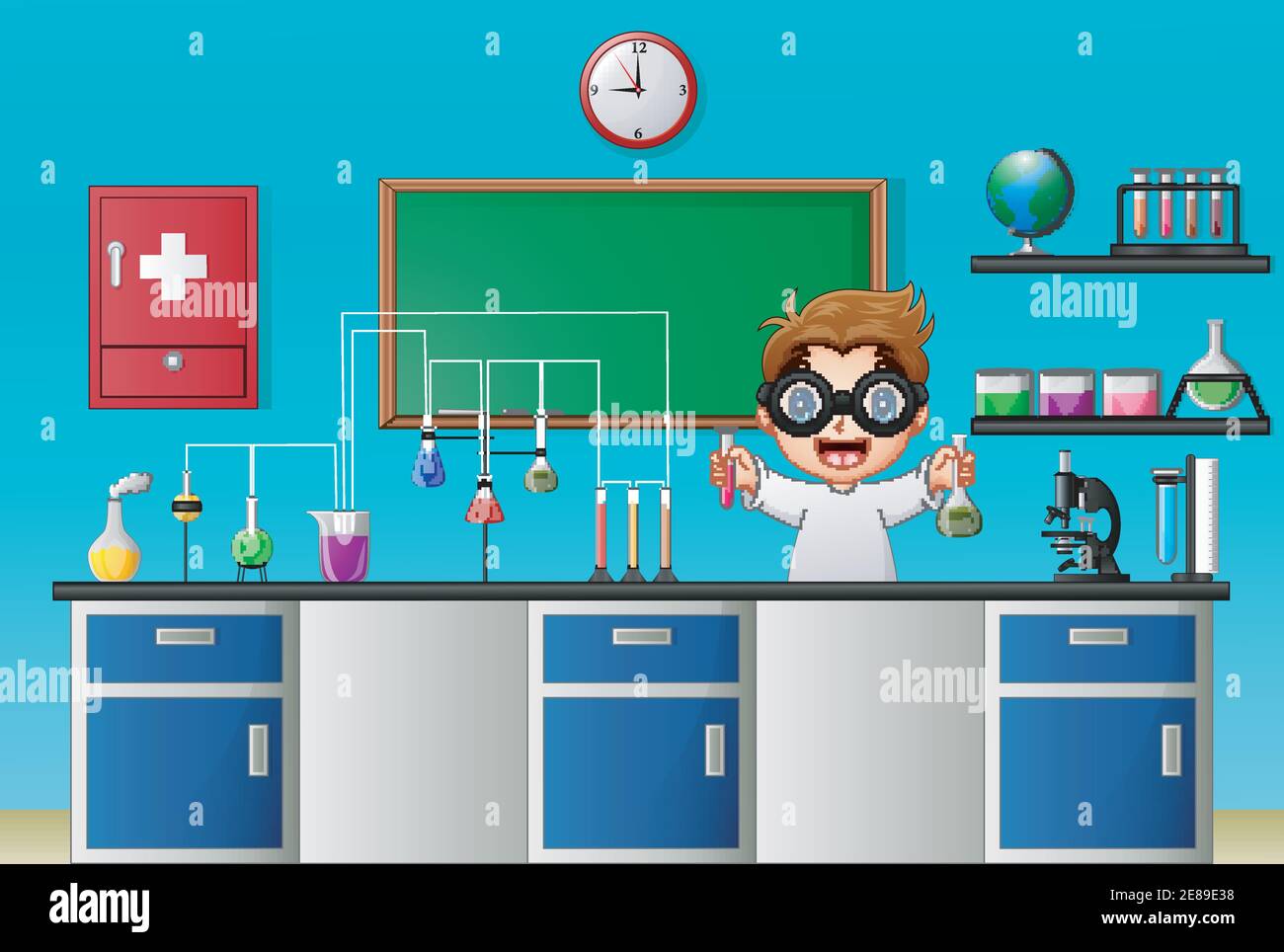 Vector illustration of Cartoon boy doing chemical experiment in the laboratory Stock Vector