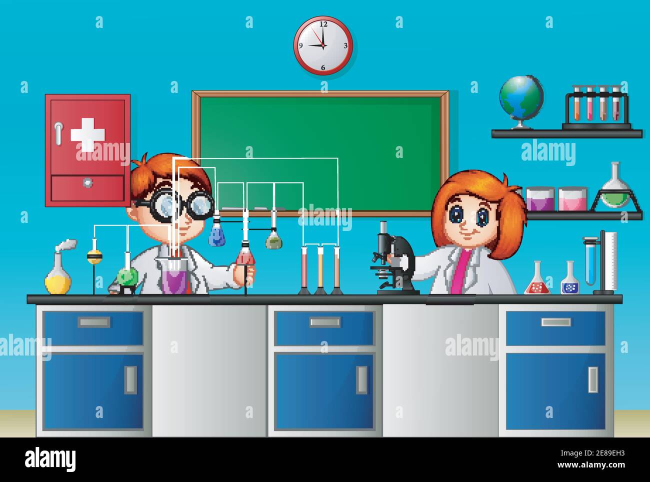 Vector illustration of Childrens doing chemical experiment in the lab Stock Vector