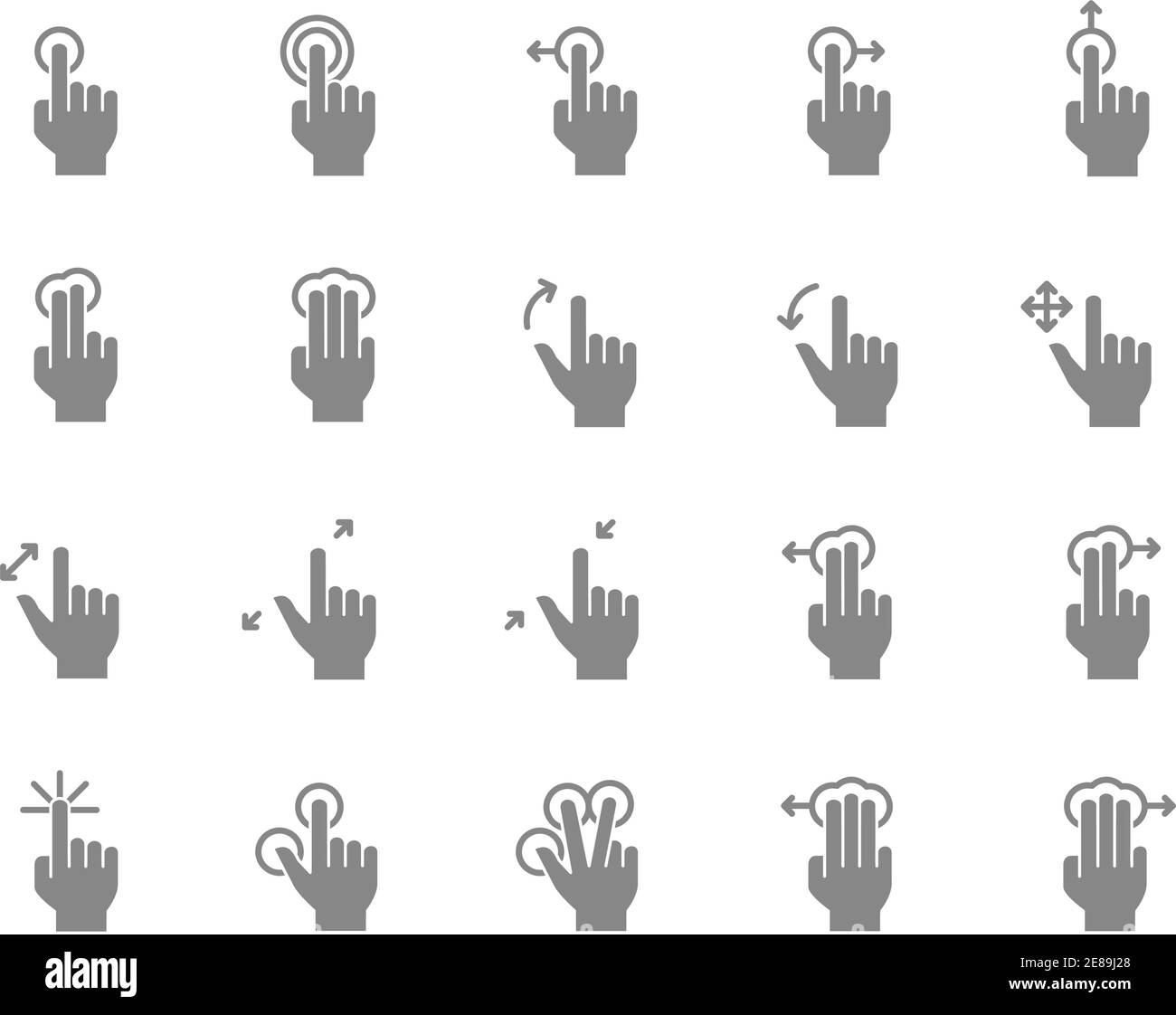 Set of touch screen gestures grey icon. Hand click, finger multi touch, cursor pointer and more