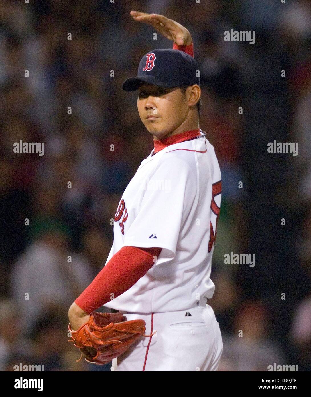 Boston Red Sox Daisuke Matsuzaka Stretches His Arm While Pitching To The Toronto Blue Jays In The Fifth Inning Of Their Mlb American League Baseball Game At Fenway Park In Boston Massachusetts