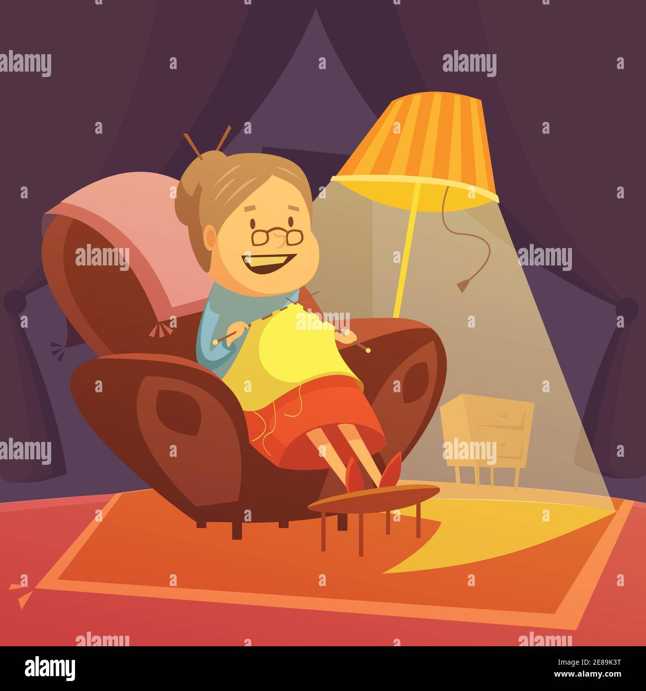 Grandmother knitting in an armchair background with lamp and carpet ...