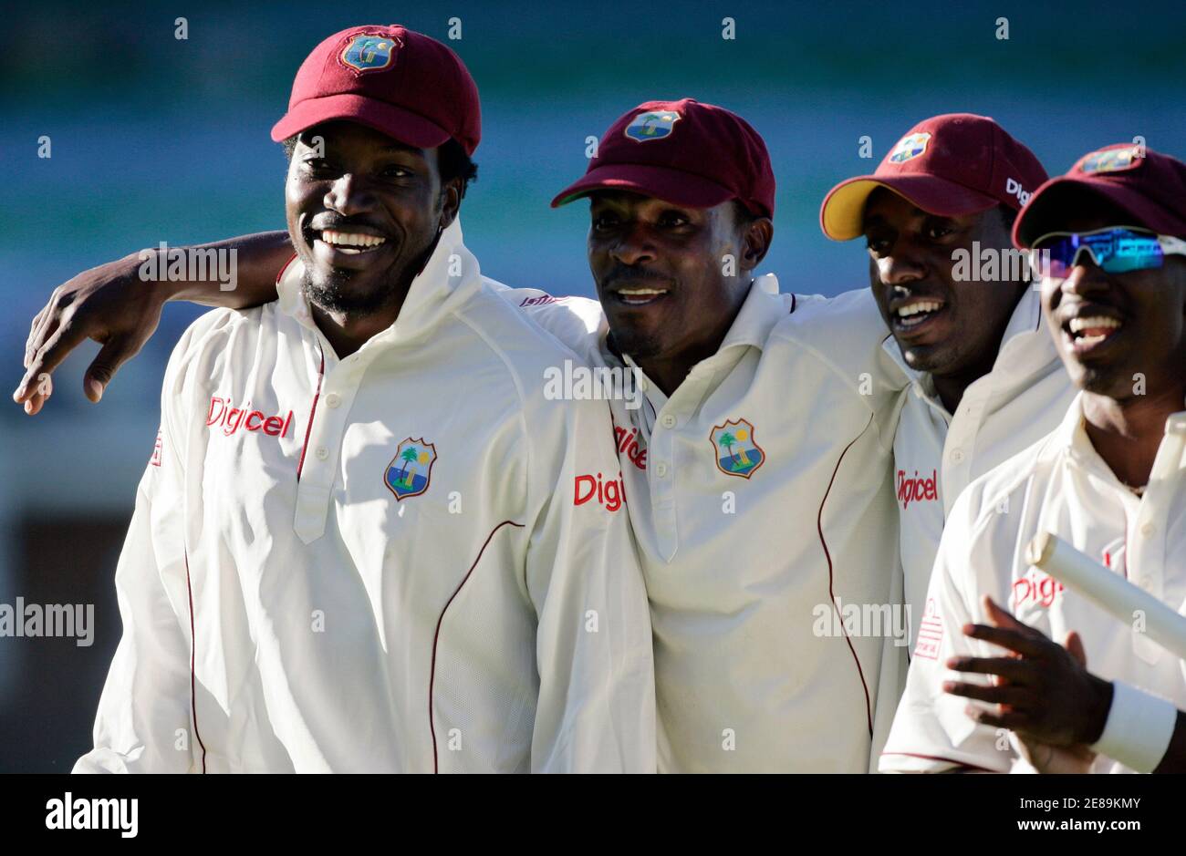 L R West Indies Captain Chris Gayle Runako Morton Pedro Collins And Dwayne Bravo Celebrate After Their Victory Over South Africa On The Fourth Day Of Their First Test Cricket Match In Port L R West Indies Captain Chris Gayle Runako Morton Pedro Collins And Dwayne Bravo Celebrate After Their Victory Over South Africa On The Fourth Day Of Their First Test Cricket Match In Port