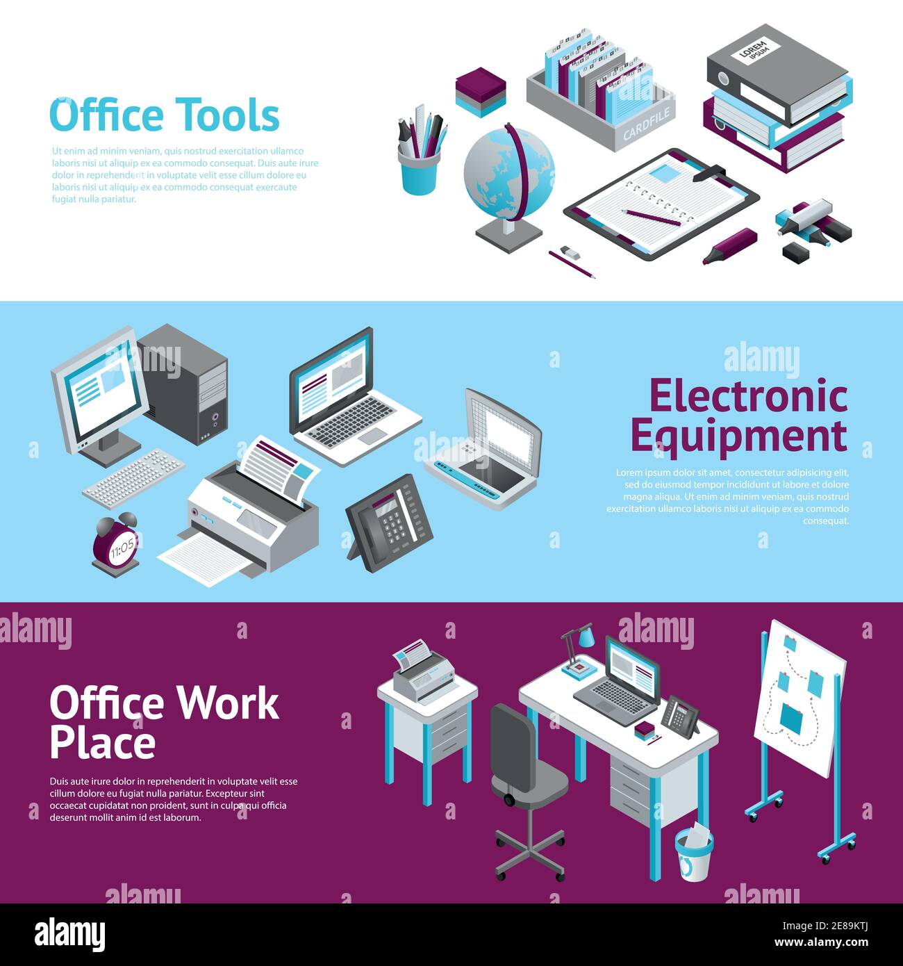 https://c8.alamy.com/comp/2E89KTJ/modern-office-workplace-desk-organizer-accessories-3-flat-horizontal-banners-set-with-agenda-planner-abstract-vector-illustration-2E89KTJ.jpg