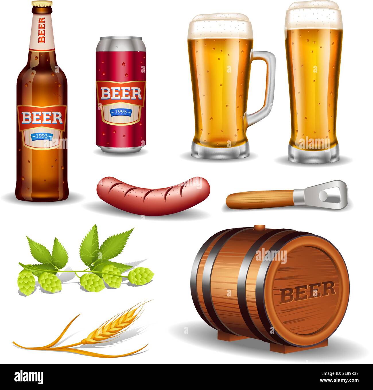 Beer realistic icons collection with bottle glass mug keg sausage and ...