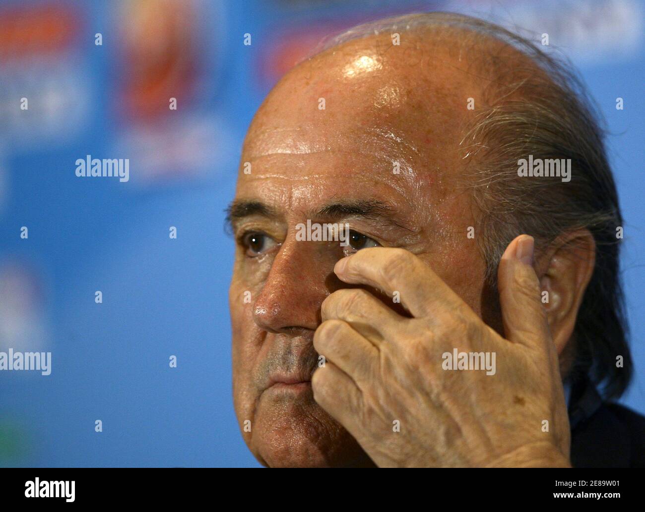 FIFA President Sepp Blatter holds a news conference, ahead of the FIFA Club World Cup final soccer match on Saturday, in Abu Dhabi December 17, 2009. REUTERS/Fahad Shadeed (UNITED ARAB EMIRATES - Tags: SPORT SOCCER HEADSHOT) Stock Photo