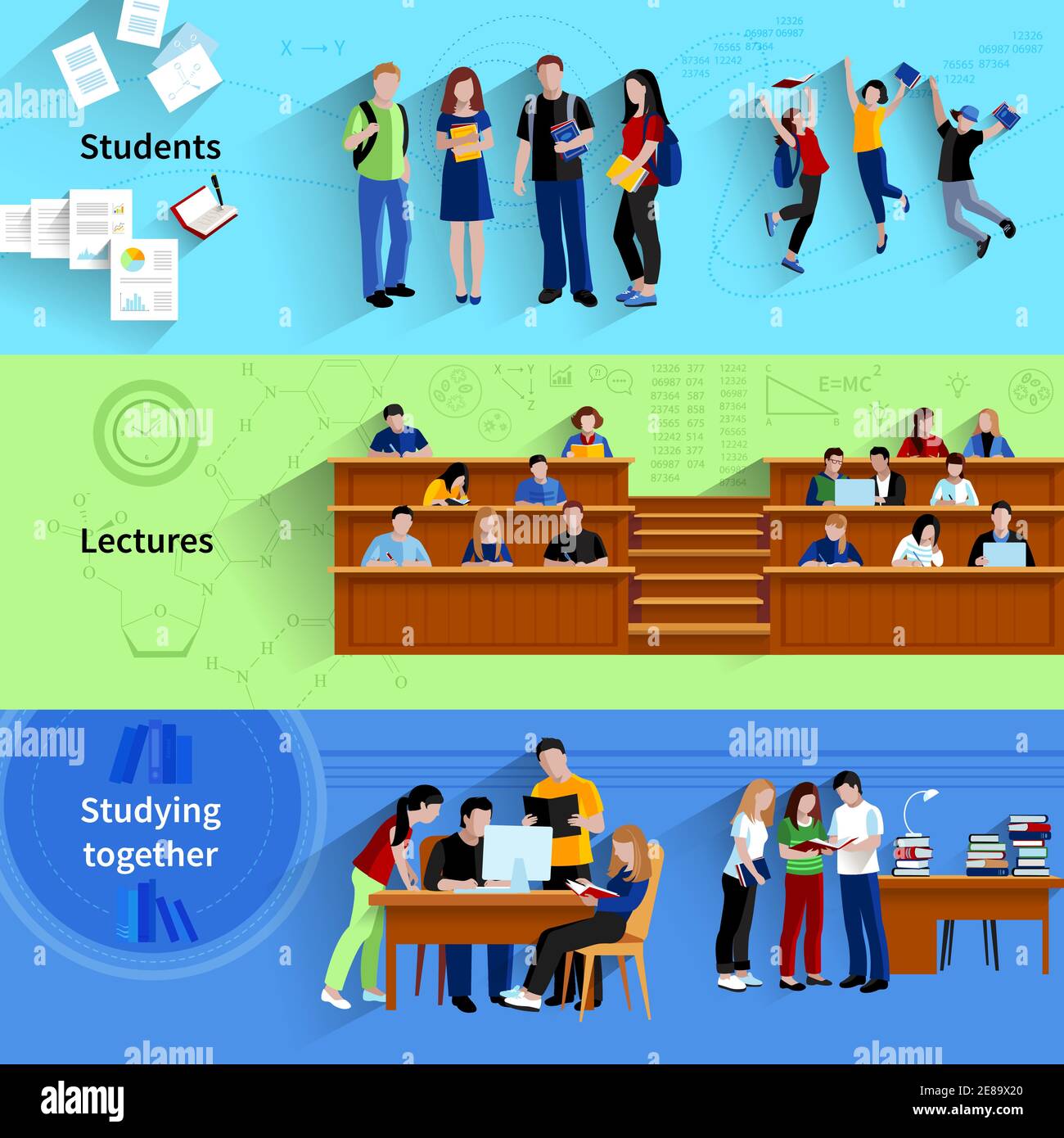 People at university flat horizontal banners with students studying together sitting in auditorium and happy jumping after exam vector illustration Stock Vector