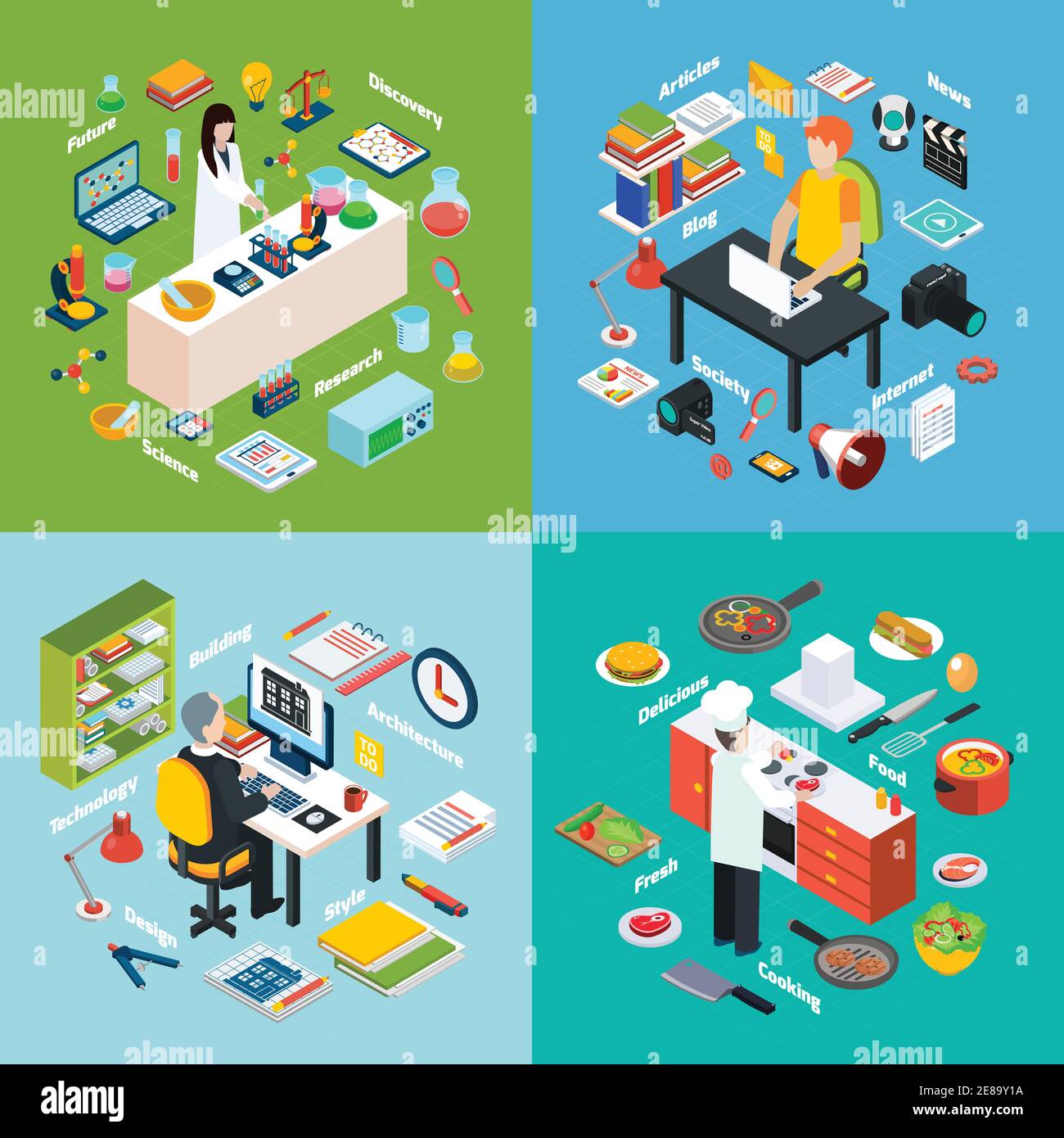 Isometric 2x2 compositions presenting different professions workplaces scientist reporter engineer and cook with their equipments vector illustration Stock Vector