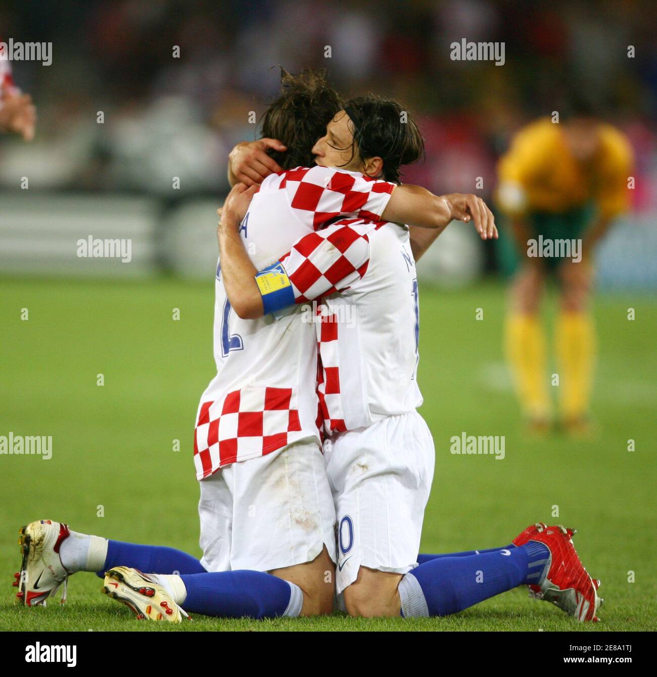 Croatia's Niko Kovac (R) celebrates his goal against [Australia]with team  mate Darijo Srna during their