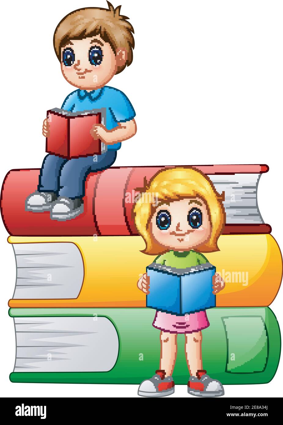 Vector illustration of Happy school children with big books Stock