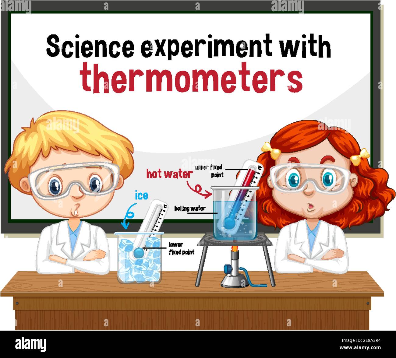 Scientist explaining Science experiment with thermometers illustration ...
