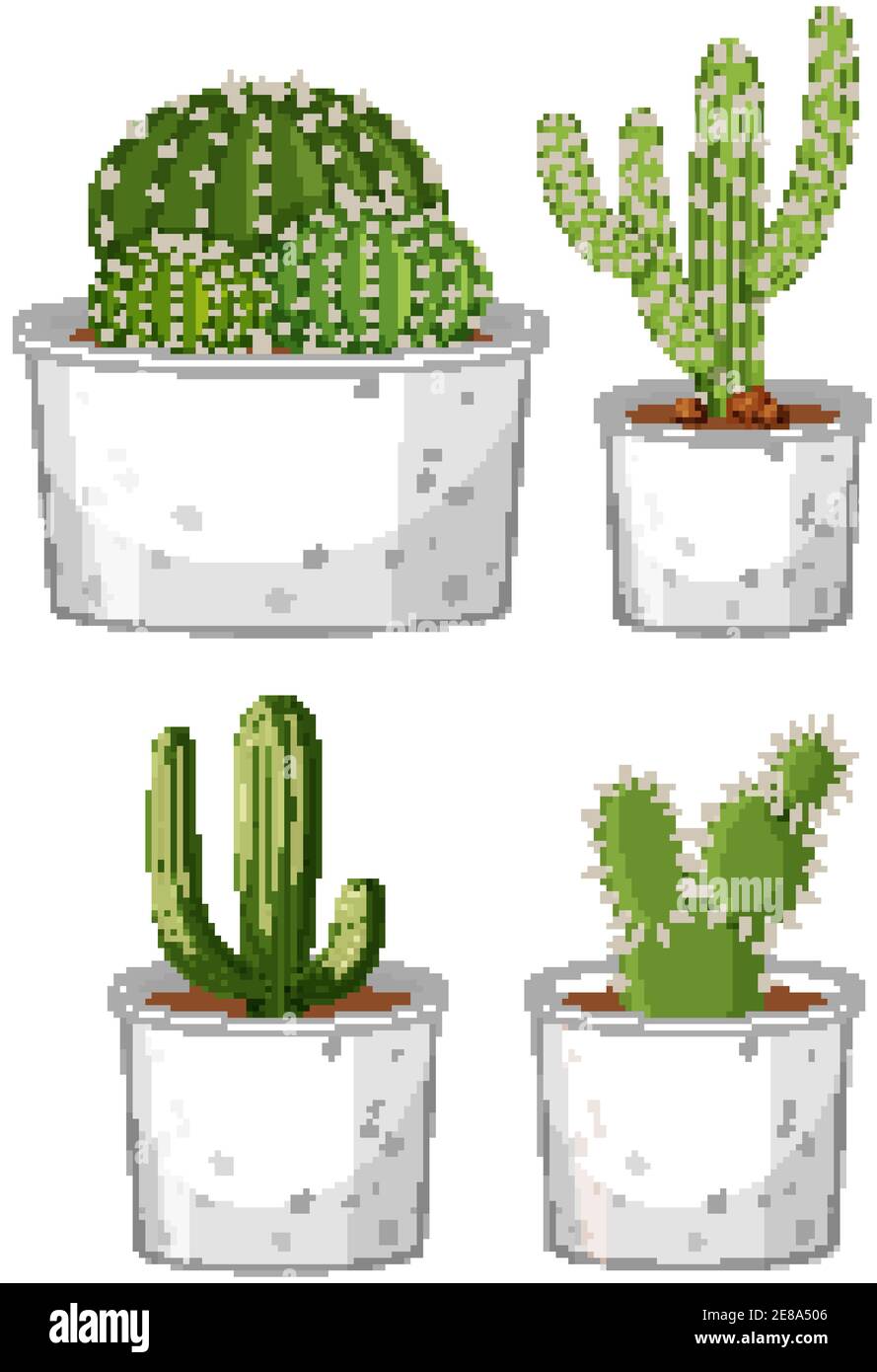 Set of different cactus in pot on white background illustration Stock ...