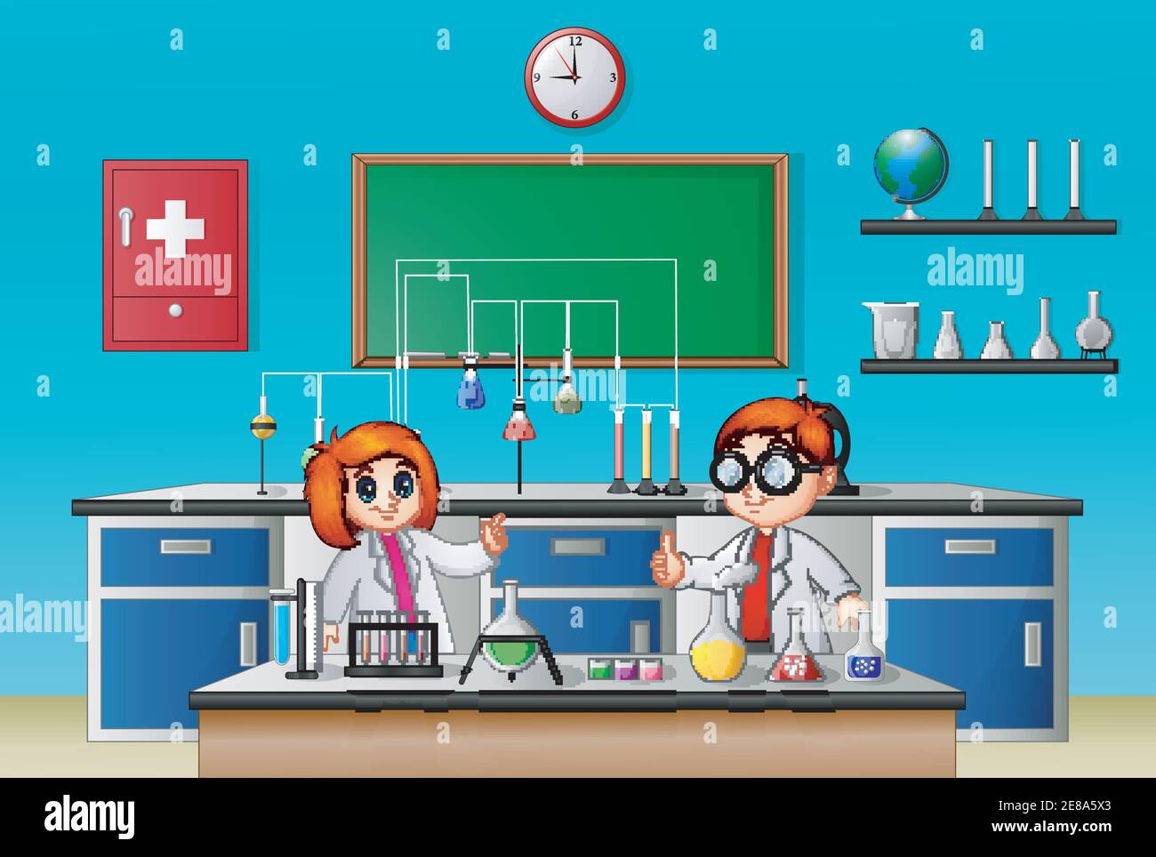 Vector illustration of Childrens doing chemical experiment in the lab ...