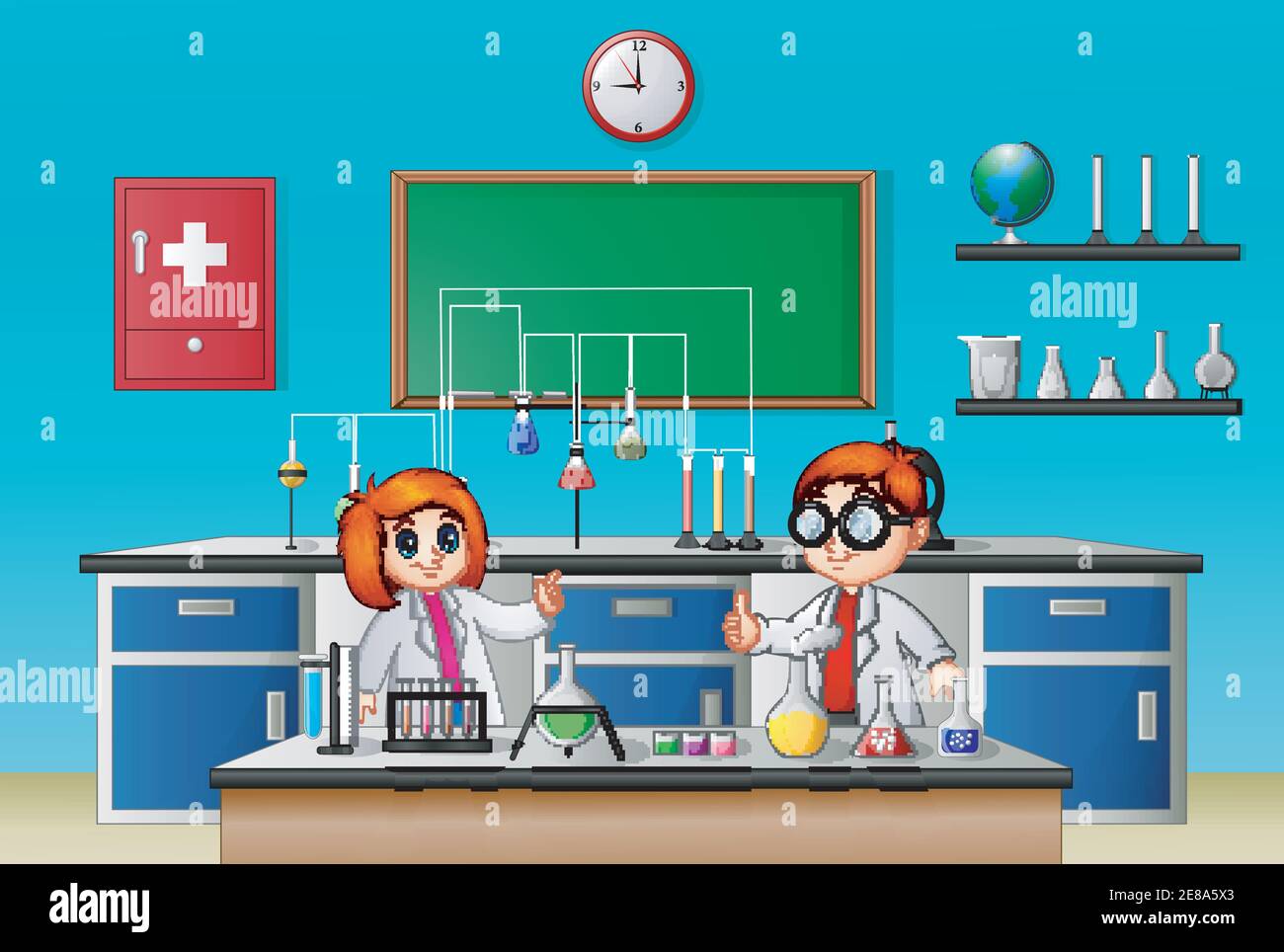 Vector illustration of Childrens doing chemical experiment in the lab Stock Vector